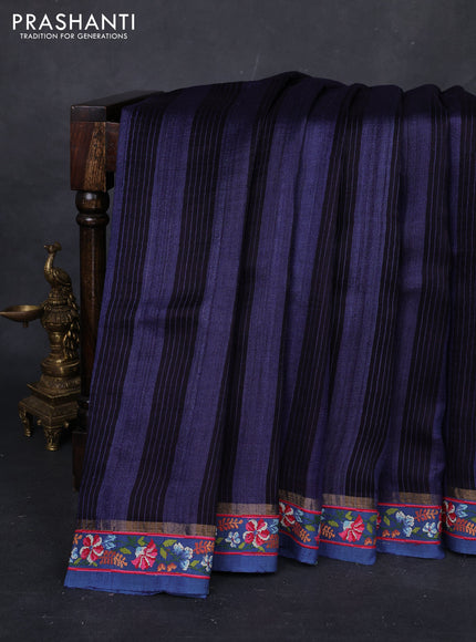 Navy Blue & Blue Pure Tussar Silk - Embroidery