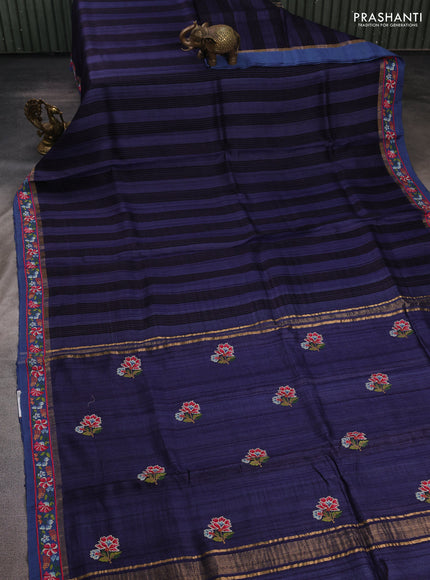 Navy Blue & Blue Pure Tussar Silk - Embroidery