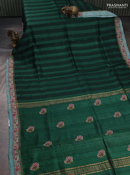 Green & Teal  Pure Tussar Silk - Embroidery