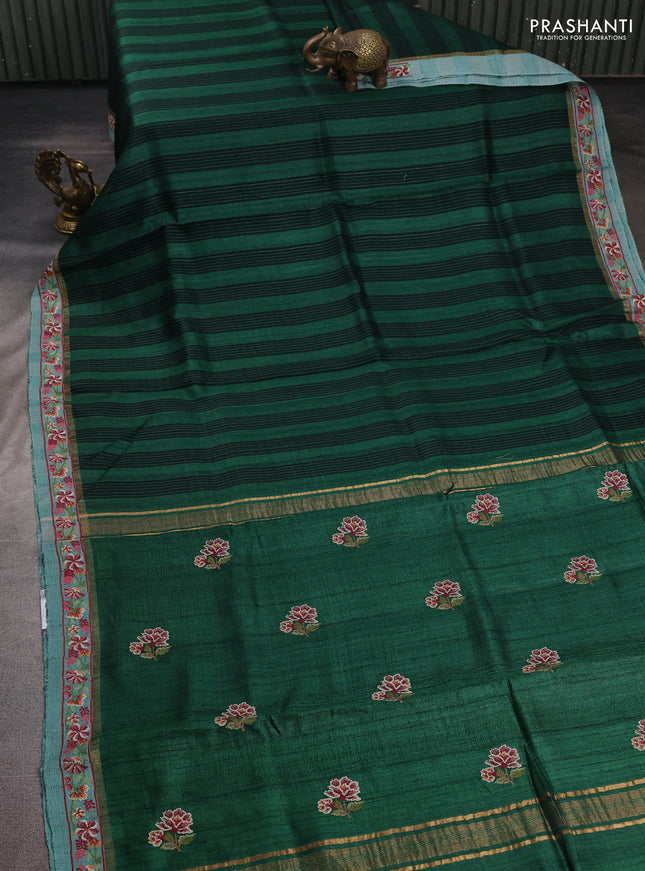 Green & Teal  Pure Tussar Silk - Embroidery