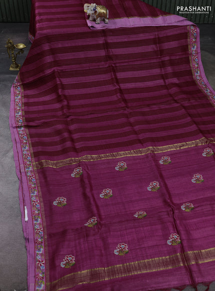 Wine & Lavender Pure Tussar Silk - Embroidery