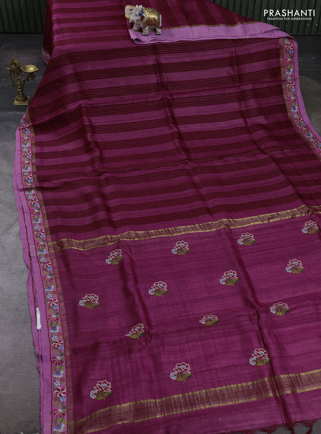 Wine & Lavender Pure Tussar Silk - Embroidery