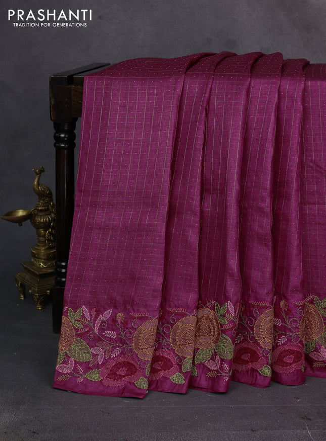 Magenta Pink Pure Tussar Silk - Embroidery