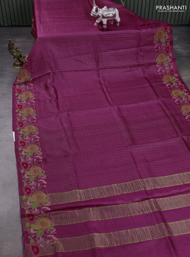 Magenta Pink Pure Tussar Silk - Embroidery
