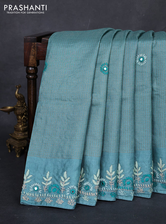Pastel Blue Pure Tussar Silk - Embroidery