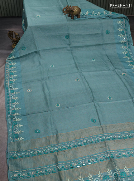 Pastel Blue Pure Tussar Silk - Embroidery