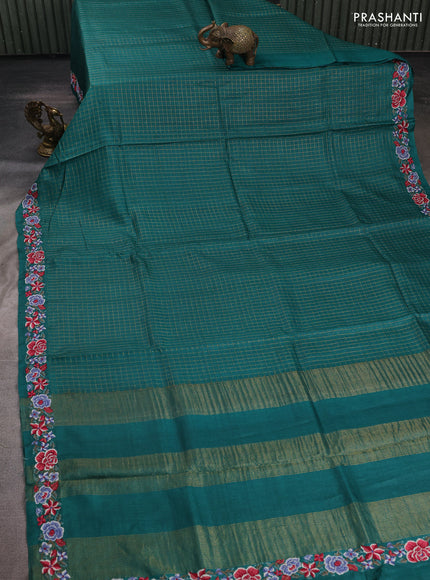 Teal Green Pure Tussar Silk - Embroidery