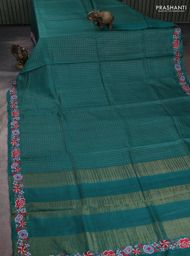 Teal Green Pure Tussar Silk - Embroidery
