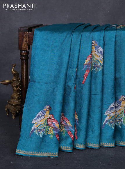 Peacock Green Pure Tussar Silk - Embroidery