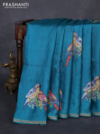 Peacock Green Pure Tussar Silk - Embroidery