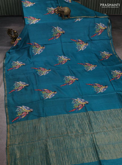 Peacock Green Pure Tussar Silk - Embroidery