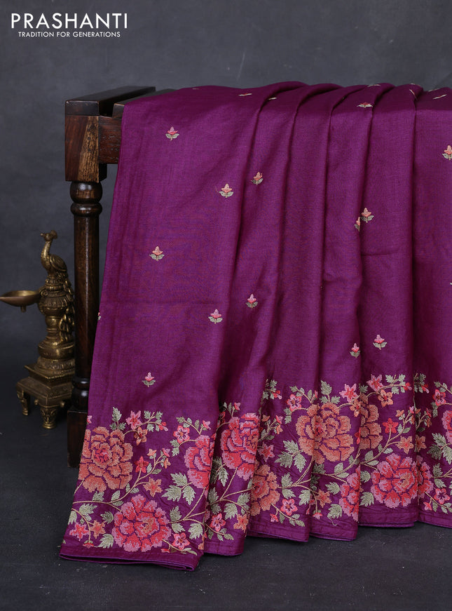 Purple Pure Tussar Silk - Embroidery