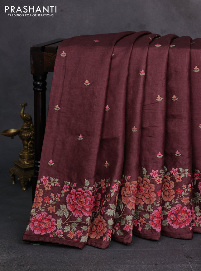 Brown Pure Tussar Silk - Embroidery