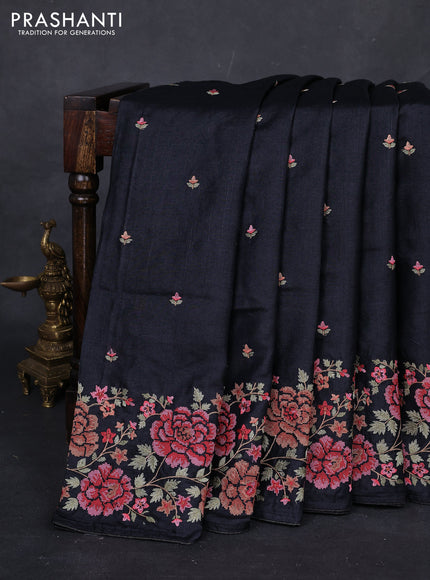 Black Pure Tussar Silk - Embroidery
