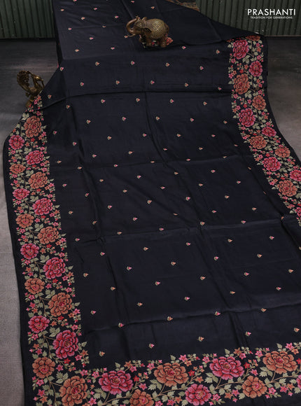 Black Pure Tussar Silk - Embroidery