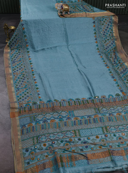Pastel Blue Pure Tussar Silk - Embroidery