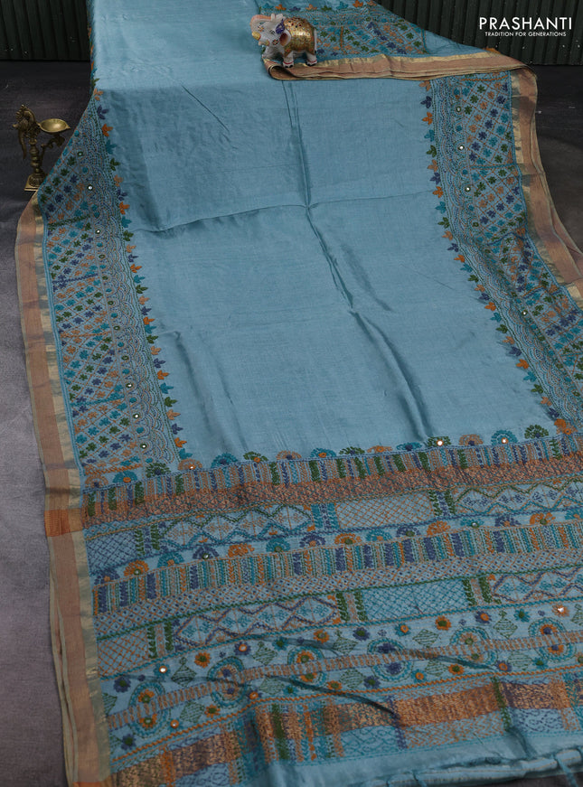 Pastel Blue Pure Tussar Silk - Embroidery