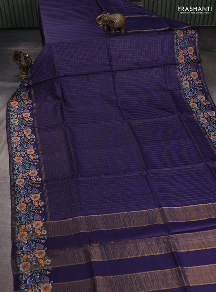 Navy Blue Pure Tussar Silk - Embroidery