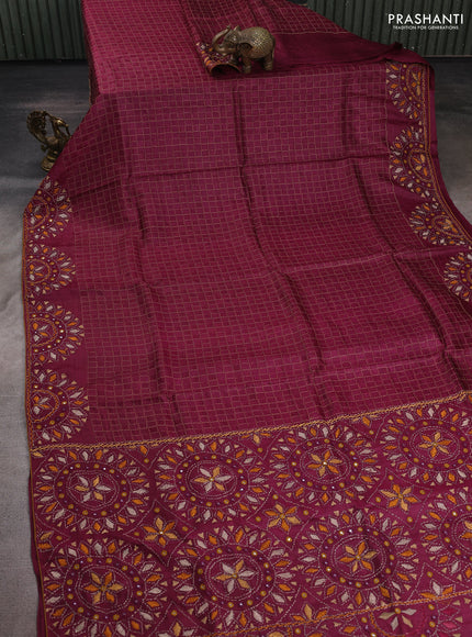 Wine  Pure Tussar Silk - Embroidery