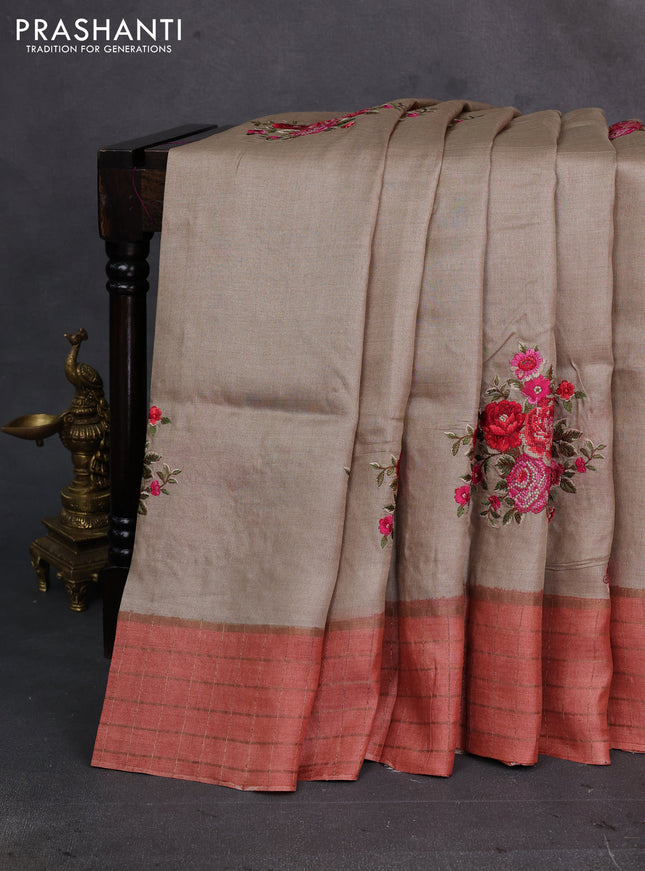 Beige & Peach Pure Tussar Silk - Embroidery