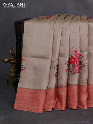 Beige & Peach Pure Tussar Silk - Embroidery
