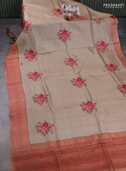 Beige & Peach Pure Tussar Silk - Embroidery