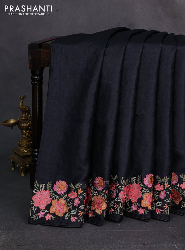 Black Pure Tussar Silk - Embroidery