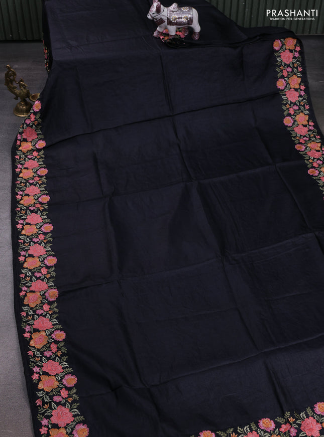 Black Pure Tussar Silk - Embroidery