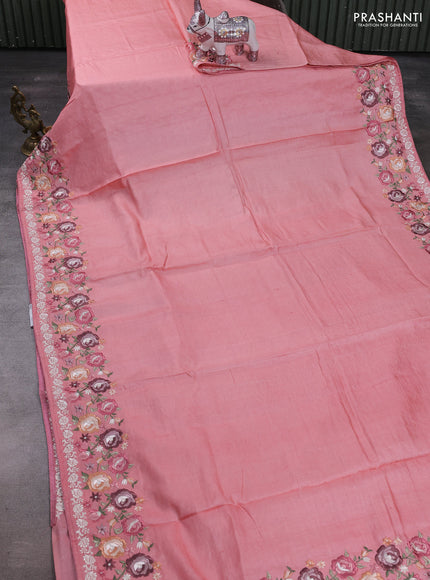Peach Pure Tussar Silk - Embroidery