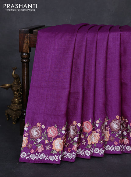 Purple Pure Tussar Silk - Embroidery