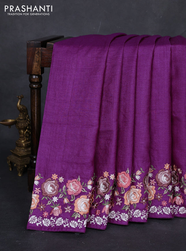Purple Pure Tussar Silk - Embroidery