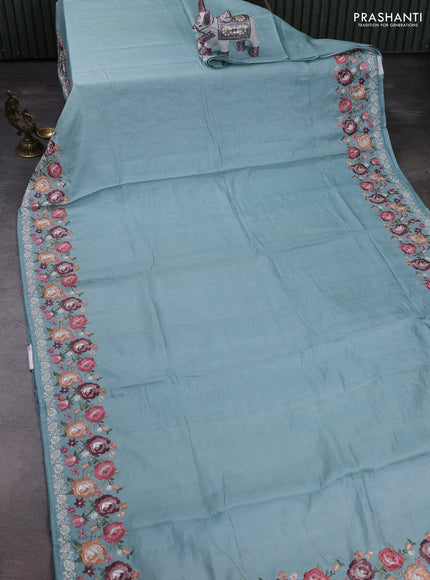 Sky Blue Pure Tussar Silk - Embroidery