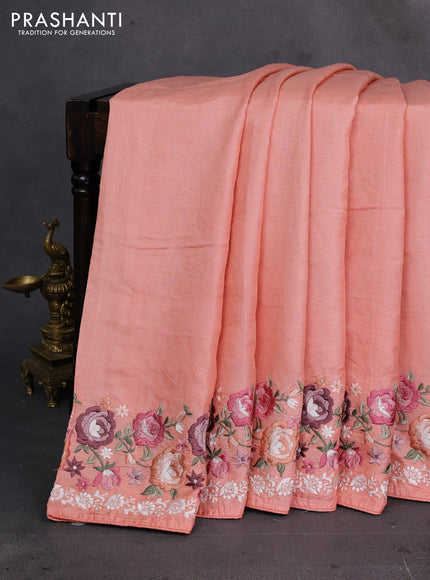 Peach Orange Pure Tussar Silk - Embroidery