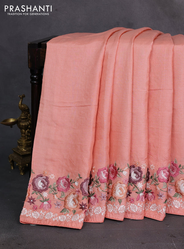 Peach Orange Pure Tussar Silk - Embroidery