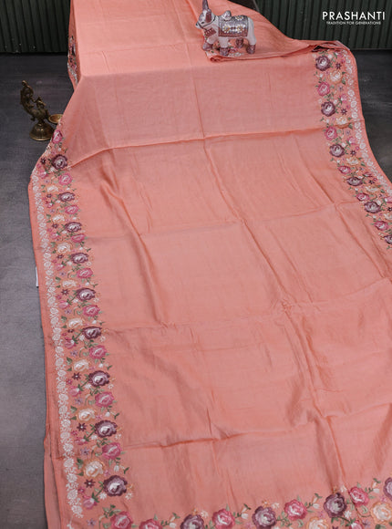Peach Orange Pure Tussar Silk - Embroidery