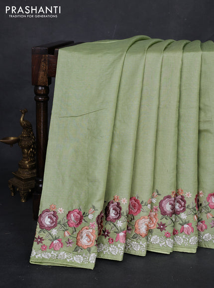 Pista Green Pure Tussar Silk - Embroidery