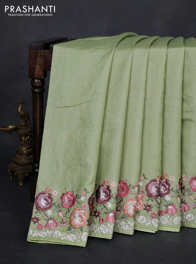 Pista Green Pure Tussar Silk - Embroidery