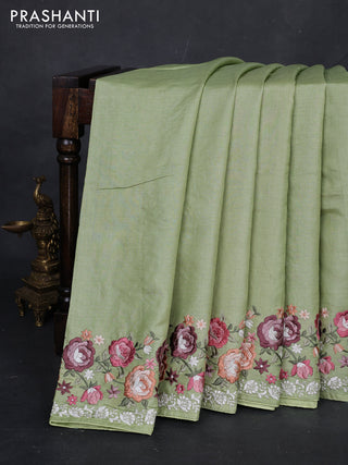 Pista Green Pure Tussar Silk - Embroidery