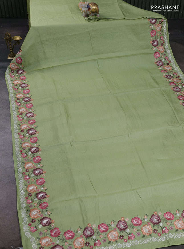 Pista Green Pure Tussar Silk - Embroidery