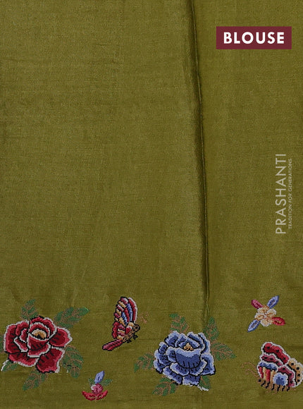 Mehendi Green Pure Tussar Silk - Embroidery