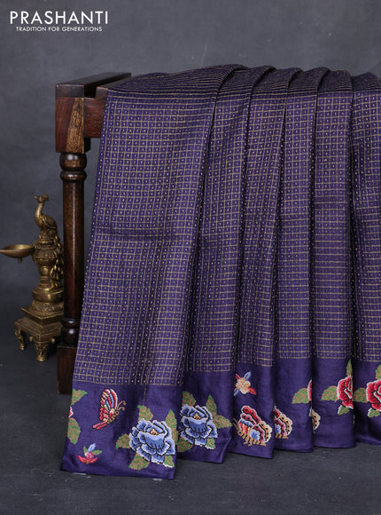 Blue Pure Tussar Silk - Embroidery