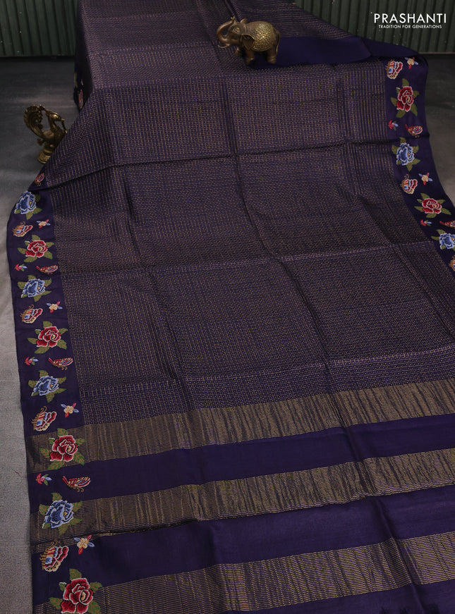 Blue Pure Tussar Silk - Embroidery