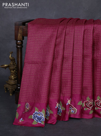 Magenta Pink Pure Tussar Silk - Embroidery