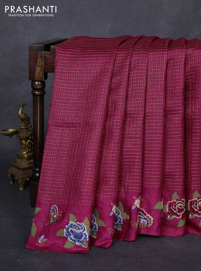 Magenta Pink Pure Tussar Silk - Embroidery
