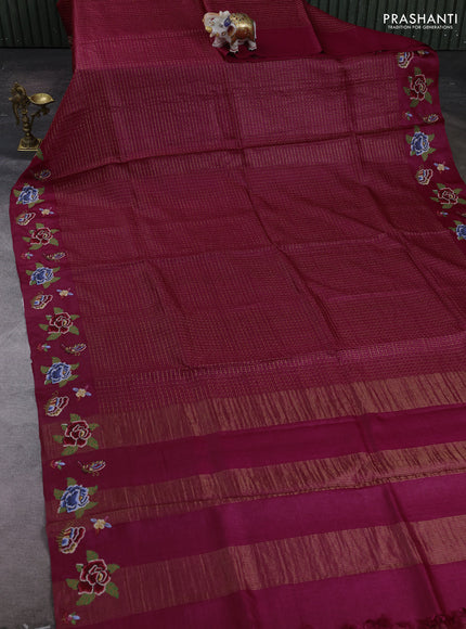 Magenta Pink Pure Tussar Silk - Embroidery