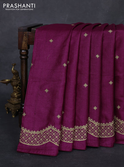 Wine Pure Tussar Silk - Embroidery