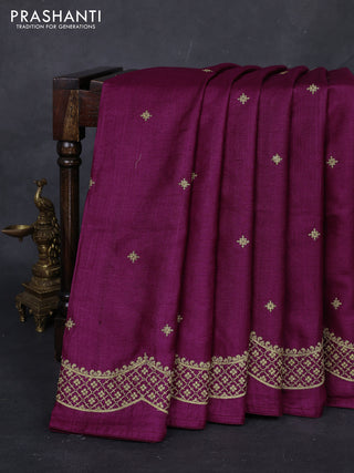 Wine Pure Tussar Silk - Embroidery