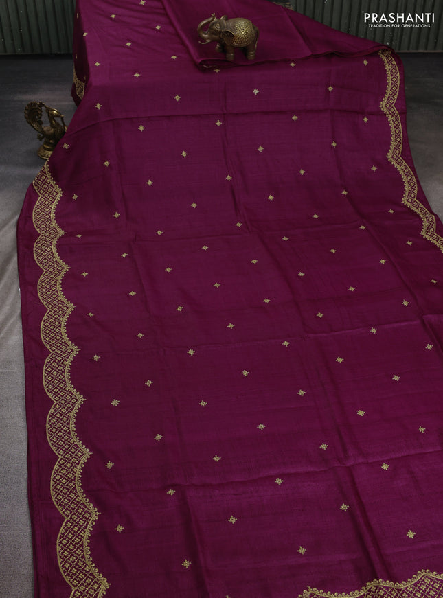 Wine Pure Tussar Silk - Embroidery