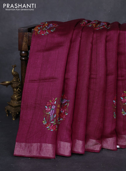 Wine  Pure Tussar Silk - Embroidery