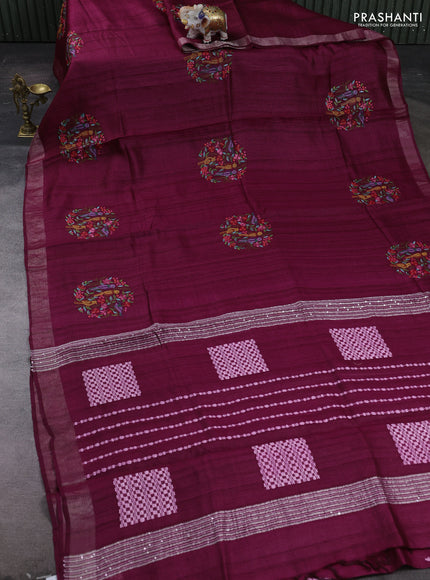 Wine  Pure Tussar Silk - Embroidery